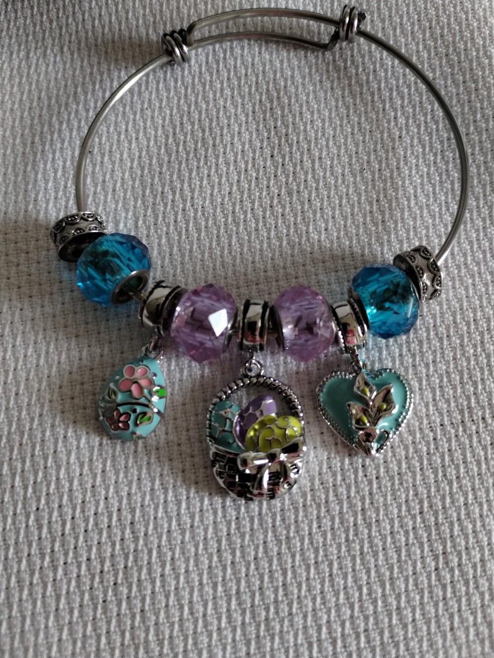 Silver Charm Bangle Bracelet with Teal, Purple, and Aqua Charms Earrings Set